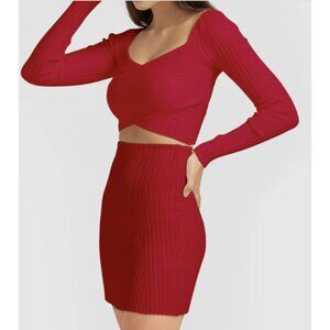 BELLE & BLOOM C'est Belle Knit Mini Skirt in Red Medium Bodycon Ribbed Mob Wife